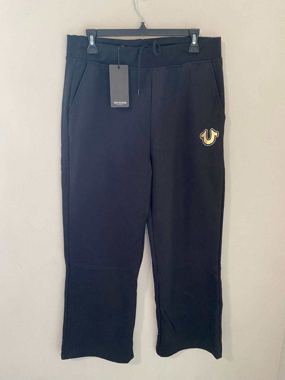 True Religion HS Foldover Sweatpants Black Wide Leg Size L NWT